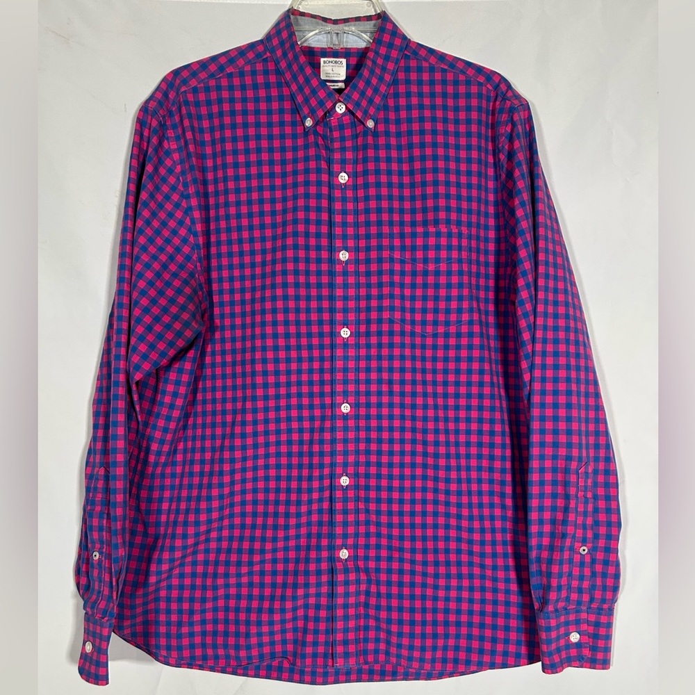 BONOBOS RED BLUE CHECK PLAID STANDARD FIT QUALITY MADE BUTTON DOWN SHIRT MENS  L